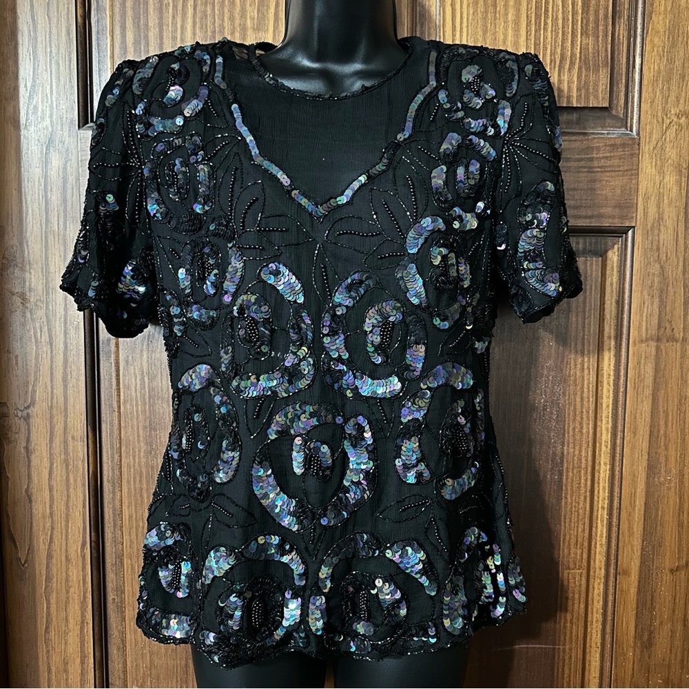 Laurence Kazar Vintage Rosebud Silk Sequined Top Size M